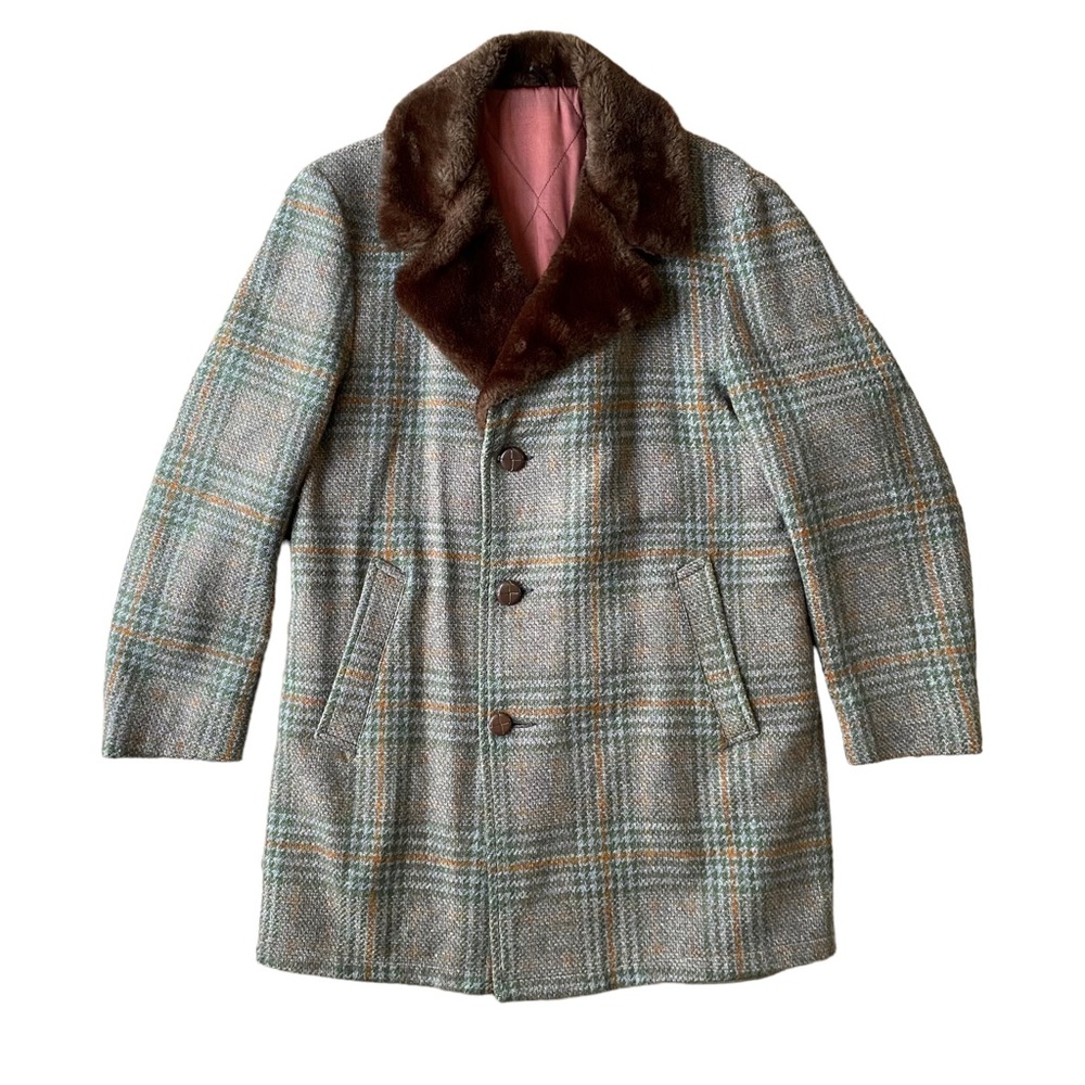 Tweed Vintage Topcoat 40 Wool Faux Fur Three Button Long Brown Lined Overcoat